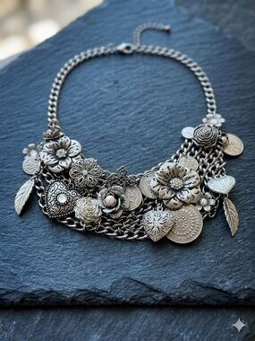 Silver Tone Multi-Charm Statement Bib Necklace Floral, Heart, Coin, Faux Pearl